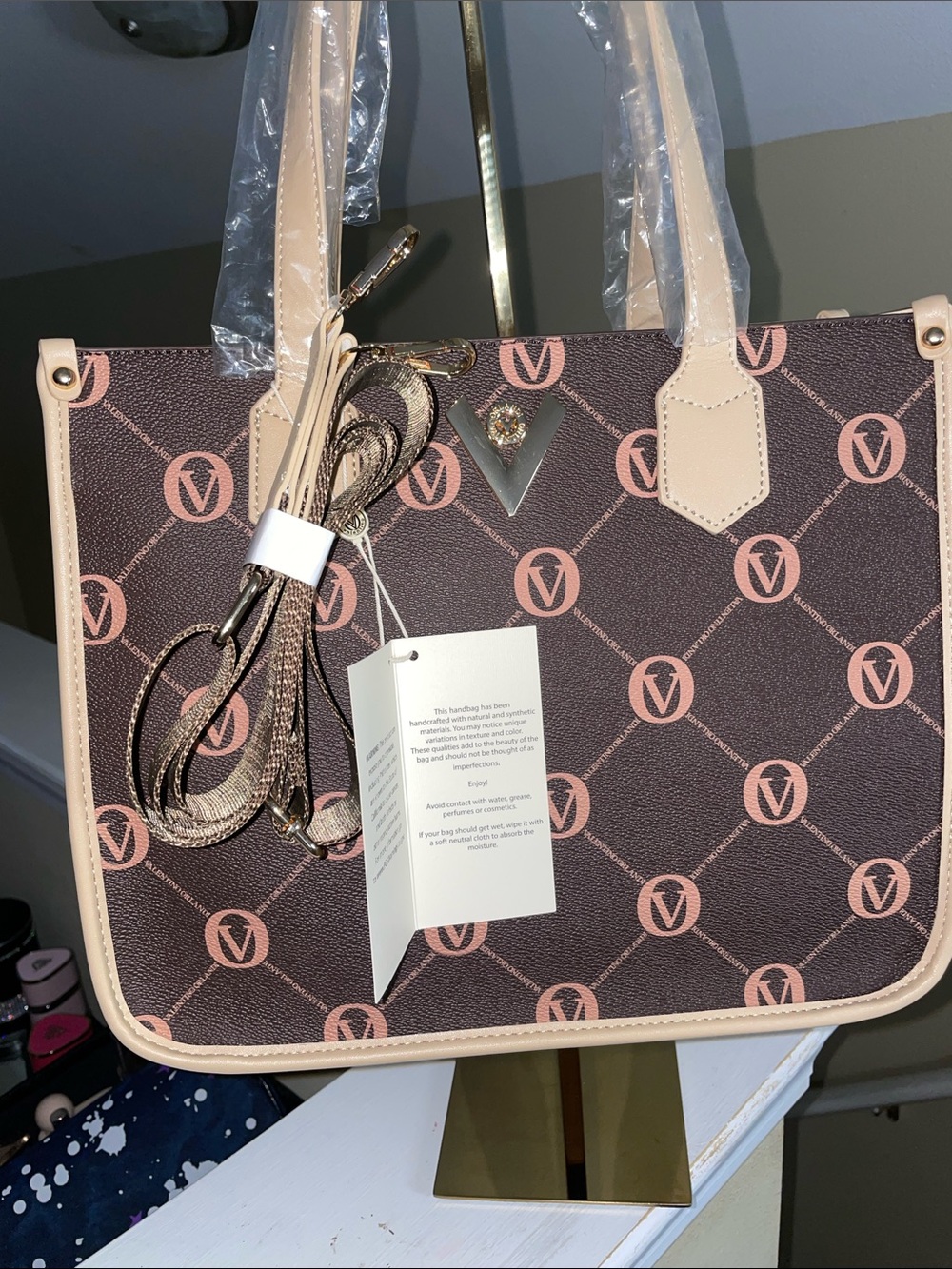 Valentino Orlandi Brown Tote with Pink Monogram and Beige Trim